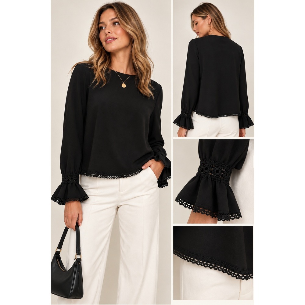 Pomander Place Palmer Black Lace Ruffle Long Sleeve Blouse Top (MSRP: $128) XL